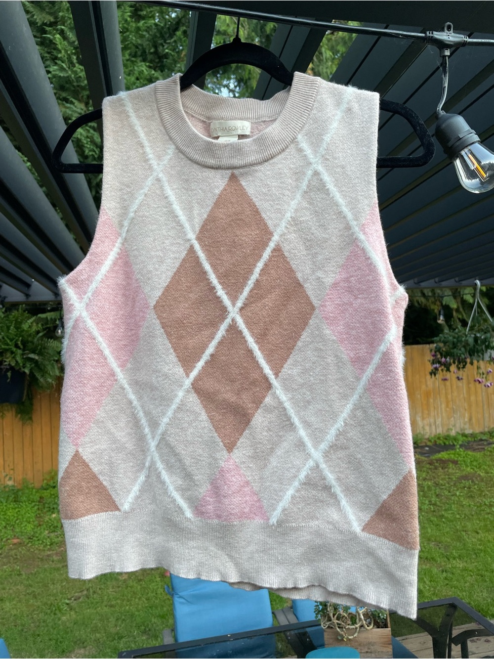 Cynthia Rowley Pink and Brown Argyle Sleeveless V-Neck Sweater Vest